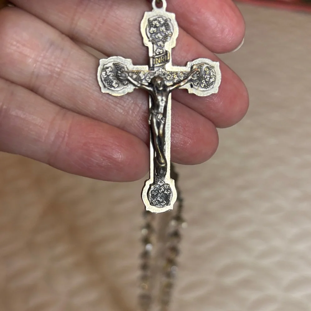INRI Elegant Rosary Necklace w/Silver Tone Cross, Chain and Accents Clear Beads